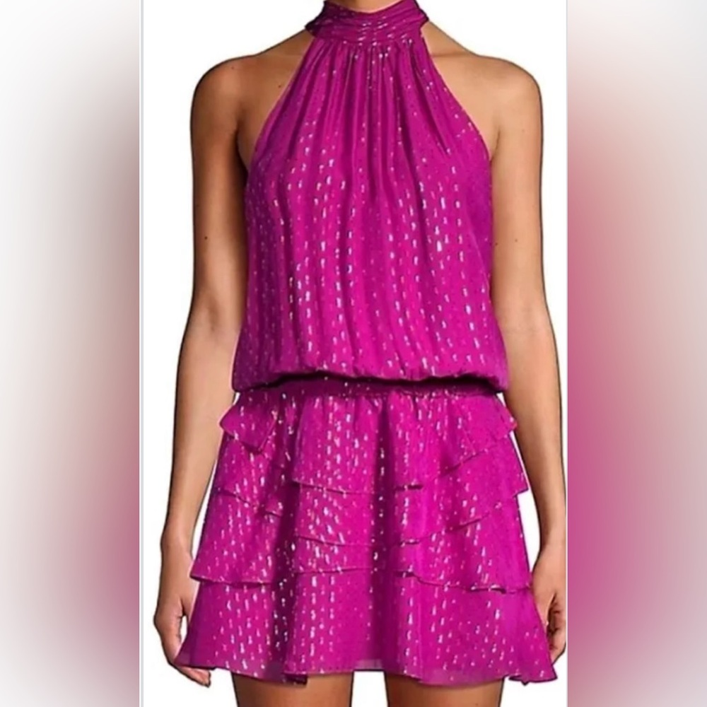 Ramy Brook Christina magenta halter neck mini dress.